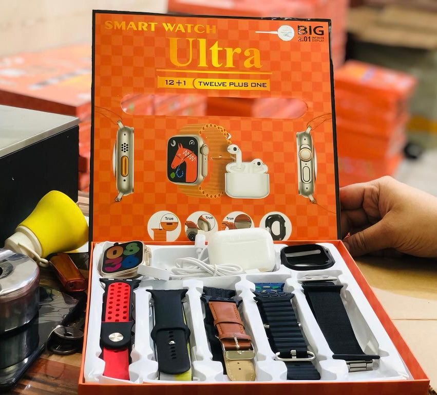 ULTRA 12 IN 1 SMART WATCH | APPLE ULTRA WATCH WITH AIRPODS PRO 2 | BT CALLING SMART WATCH FULL HD DISPLAY | 49MM | 10 STRAPS 1 AIRPODS 1 WATCH 1 CASE | GIFT PACK