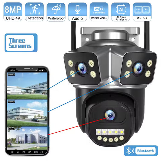 6K REAL 3 LENS OUTDOOR WATERPROOF CCTV WIFI CAMERA TRIPLETHREE  LENZ 8X ZOOM