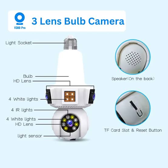 TRIPLE 3 LENS WIFI BULB HOLDER CCTV CAMERA HD