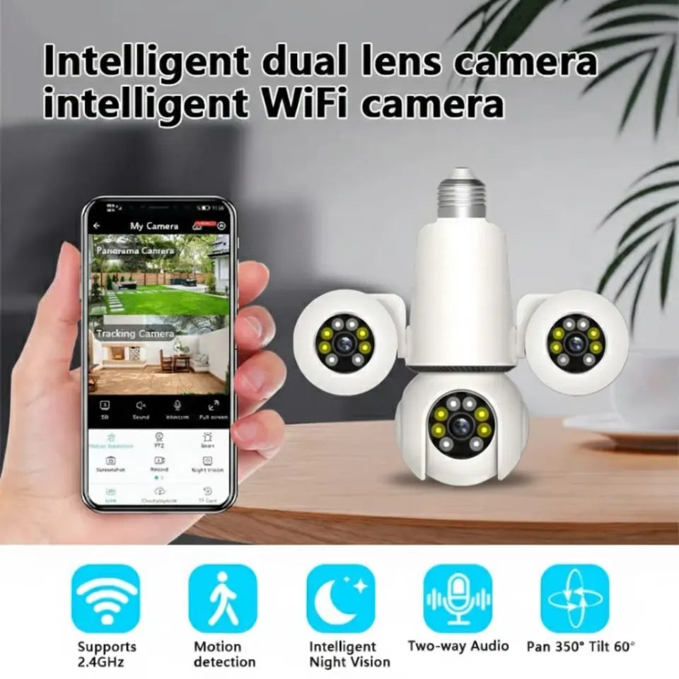 3in1 Triple Lens CCTV WiFi Bulb Camera 4+4+4MP HD 1080P