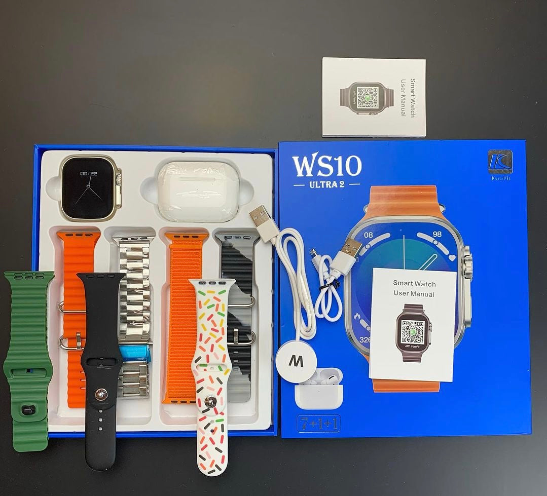 WS 10 ULTRA-2 WITH AIRPODS & 7-STRAPS 2in1 | BLUETOOTH AIRPODS+WATCH