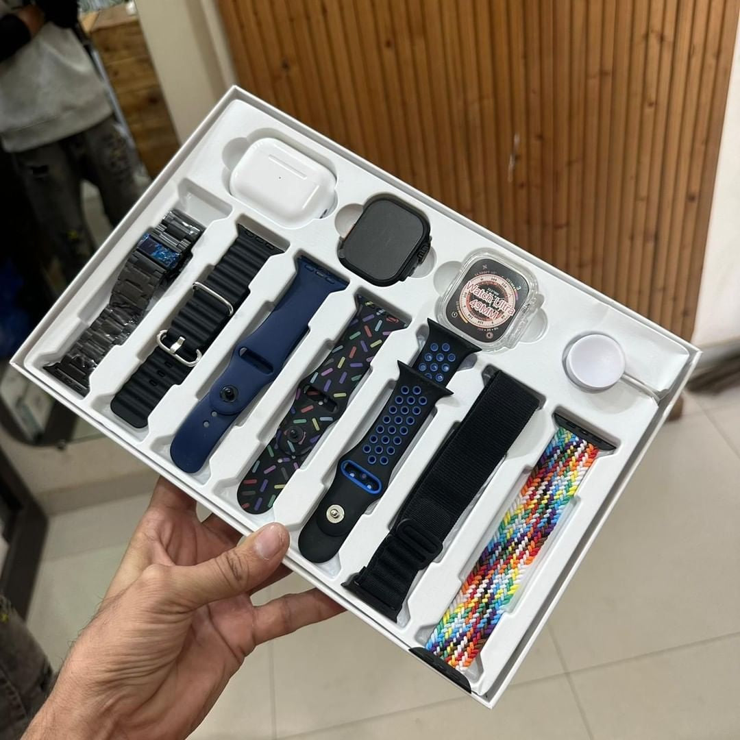 i20 ULTRA 2 MAX SUIT 10 IN 1 BOX | ULTRA SMART WATCH WITH AIRPODS PRO-2 BUFFER | 7 STRAPS- 1 WATCH - 1 AIRPODS - 1 CASE | BT CALIING SMART WATCH | LUXURY GIFT PACK