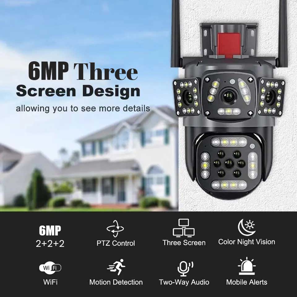 CCTV PTZ WIFI OUTDOOR SECURITY 3 CAMERA LENS, 3 SCREEN, NIGHT VISION AUTO TRACKING, WATERPROOF 6 MEGA PIXELS